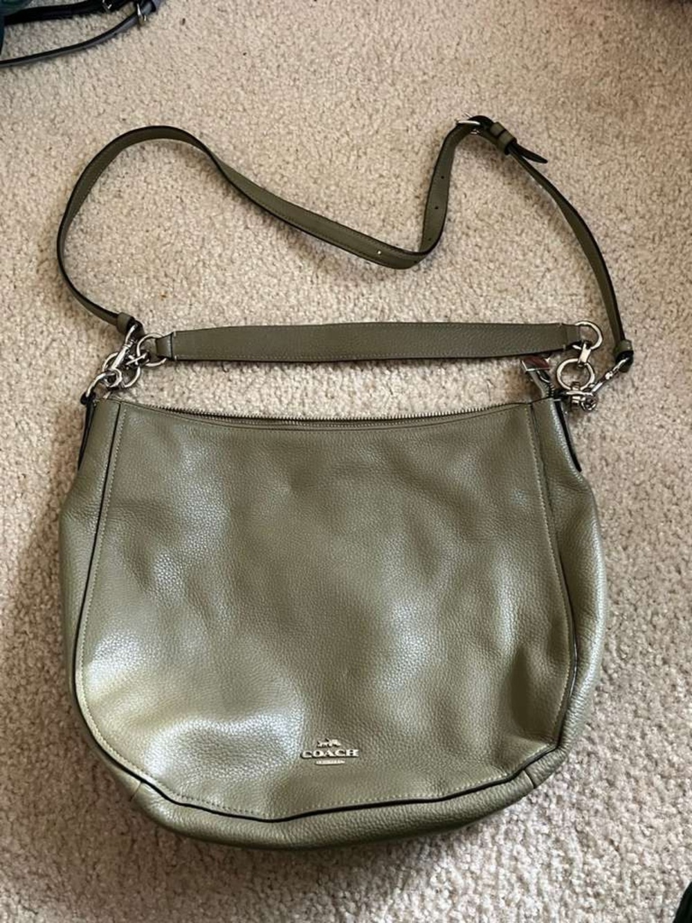 Coach Olive Green Pebbled Leather Shoulder Bag with Adjustable Strap